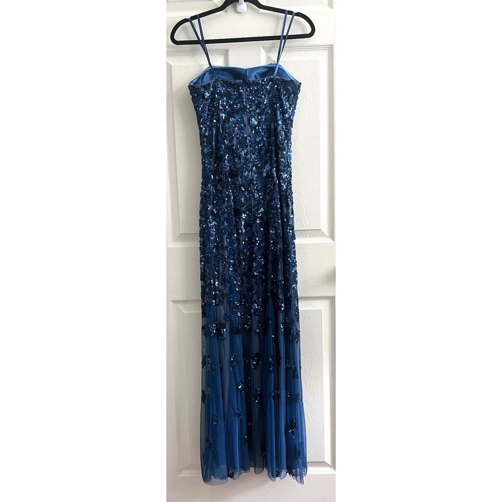 CACHE Vintage Y2K Blue Sequin Mesh Strapless Maxi Long Gown Dress - Picture 4 of 14